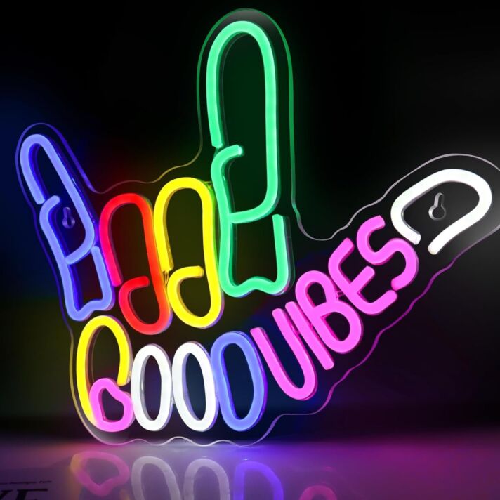 Buntes LED Neonschild mit Schriftzug Food Good Vibes und Hand Symbol