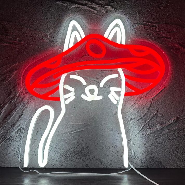 Katze mit Pilzhut LED-Neonschild Wohnzimmer Kinderzimmer