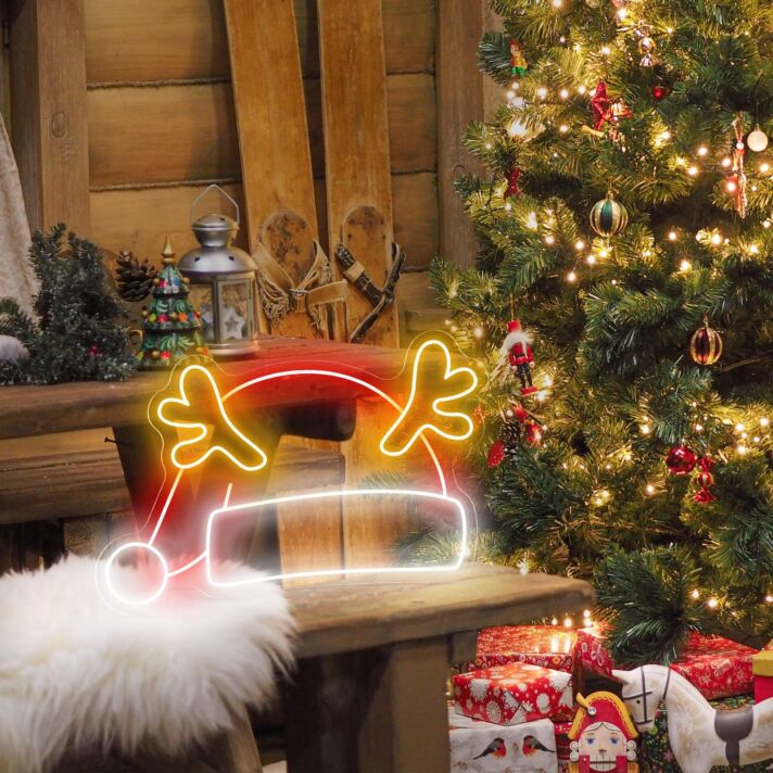 Weihnachtsmütze mit Rentiergeweih LED-Neonschild für Wohnzimmer Weihnachtsdeko