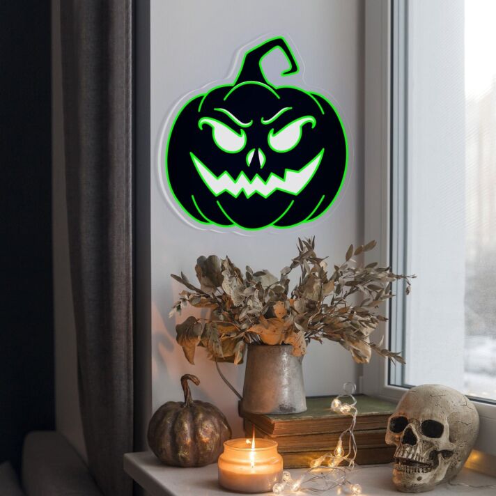 Halloween Kürbis mit grimmigem Gesicht LED-Neonschild für Wohnzimmer