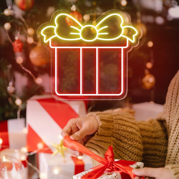 Geschenkbox mit Schleife LED-Neonschild für Weihnachten Wohnzimmer