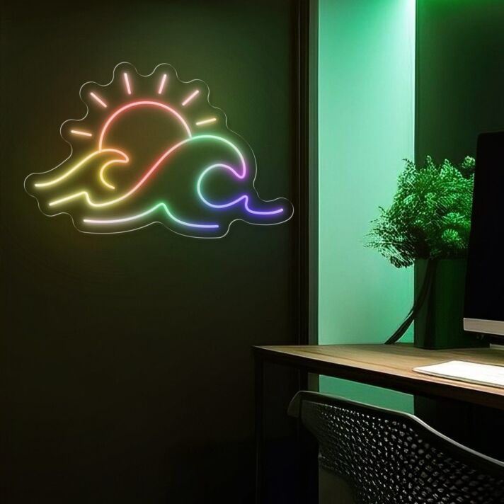 Brighten Up Your Space: Multicolor Sun And Wave Magic Led Neon Sign for Home Decor, Offices, Bars, and Beach-Themed Parties.