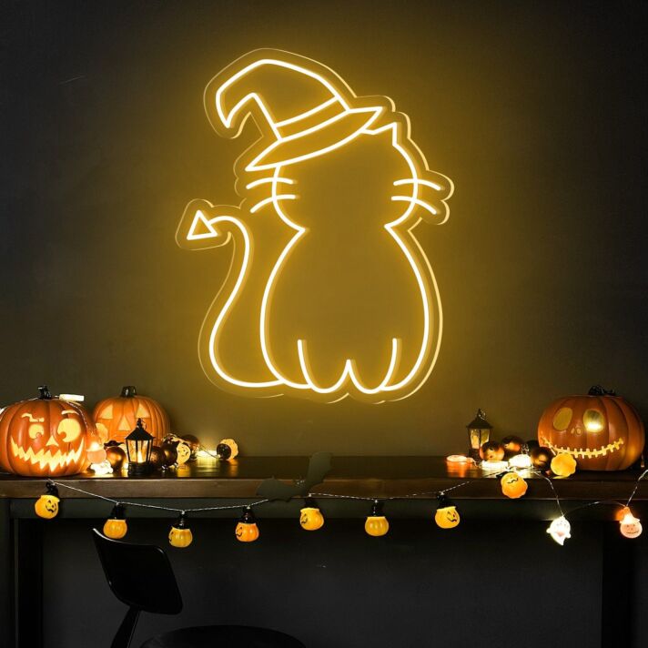 Katze mit Hexenhut LED-Neonschild für Halloween Wohnzimmer