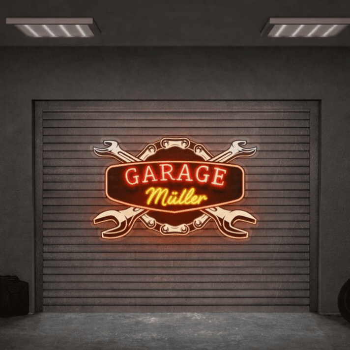 Personalisierbares Werkstatt Neonlicht mit Garage Design