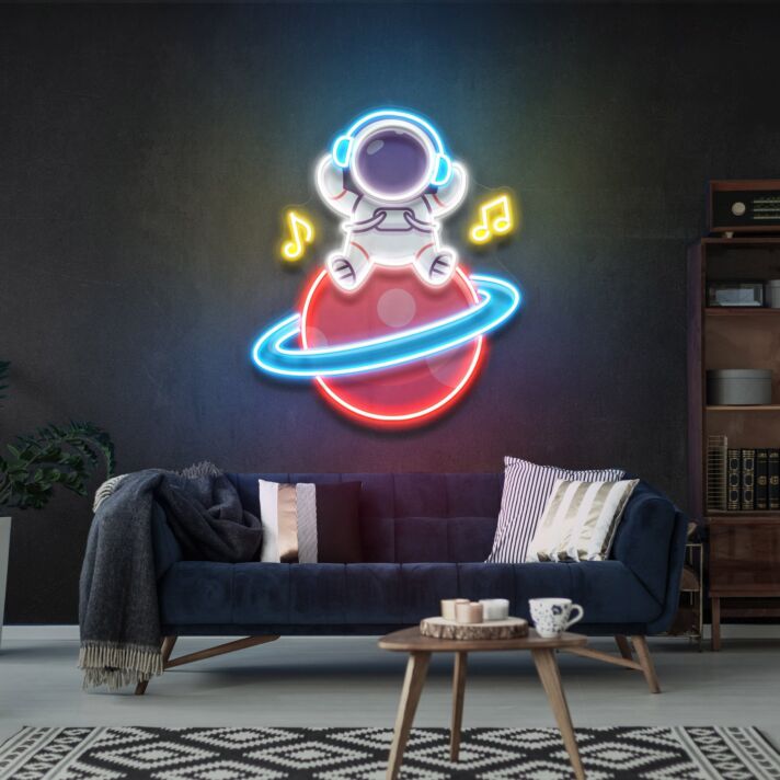 Astronaut mit Kopfhörern auf Planet mit Noten LED-Neonschild Wohnzimmer Kinderzimmer