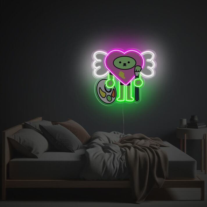 Dekoratives LED Neonschild mit Herzfigur und Engelsflügeln Motiv