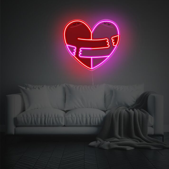 Herz Umarmung LED Neonschild im warmen minimalistischen Design