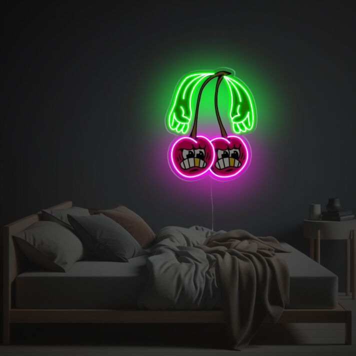 Verspieltes LED Neonschild mit Cartoon Kirschen Motiv