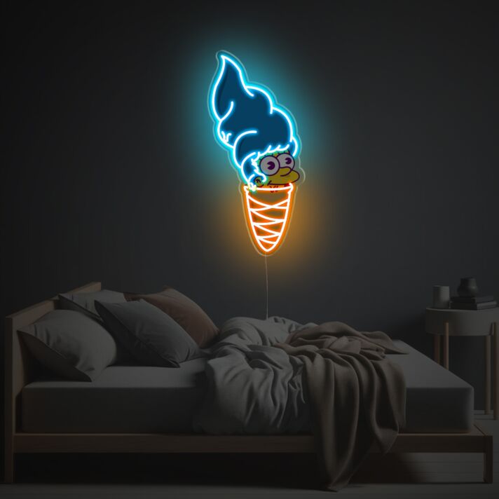 Kreatives LED Neonschild mit Cartoon Eiscreme Motiv und Flammen Design