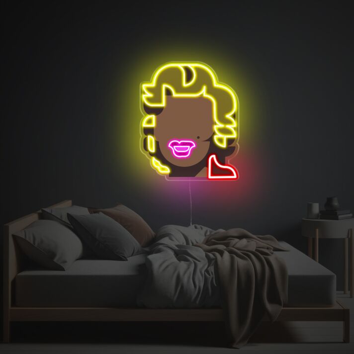 Abstraktes LED Neonschild mit stilisiertem Frauenporträt im Pop Art Design