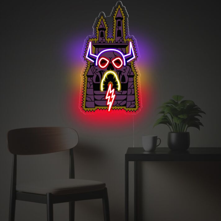 Fantasy Burg mit Totenschädel und Blitz LED-Neonschild Gaming Wohnzimmer