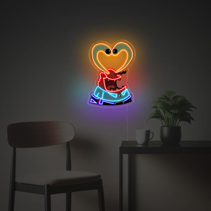 Verspieltes LED Neonschild mit Herzform und Cartoon Figur