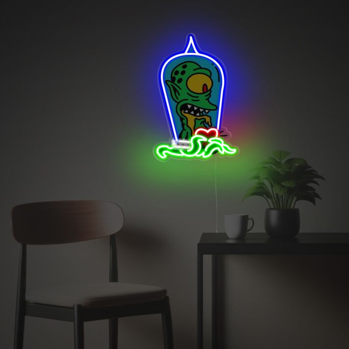 Verspieltes LED Neonschild mit Cartoon Alien Motiv