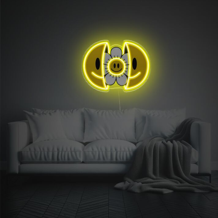 Fröhliches LED Neonschild mit Smiley und Blumenmotiv