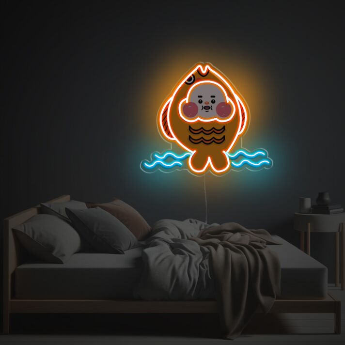 Niedliches LED Neonschild mit Fischmotiv und Wellen Design