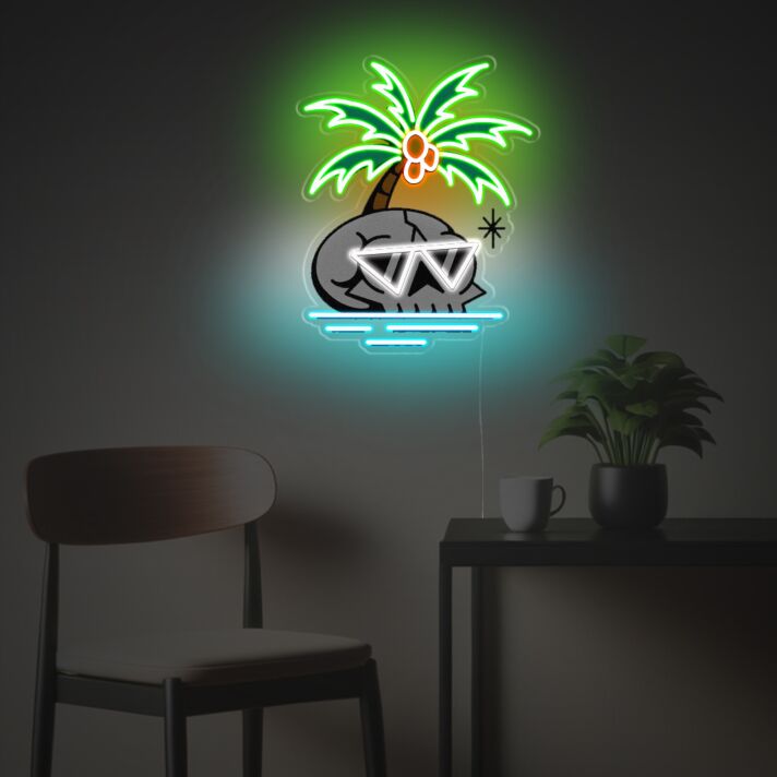 Dekoratives LED Neonschild mit Insel und Palme im sommerlichen Stil