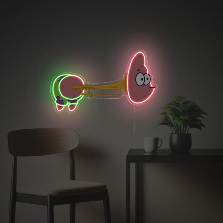 Brighten Your Bar or Music Room with the Playful Glow of Patrick Star Stucked In Saxophone LED Neon Acrylic Artwork.