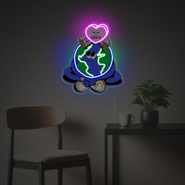Humorvolles LED Neonschild mit lächelnder Erde und Herzmotiv als auffällige Neon Wanddeko für Wohnzimmer Partyraum oder kreative Innenräume