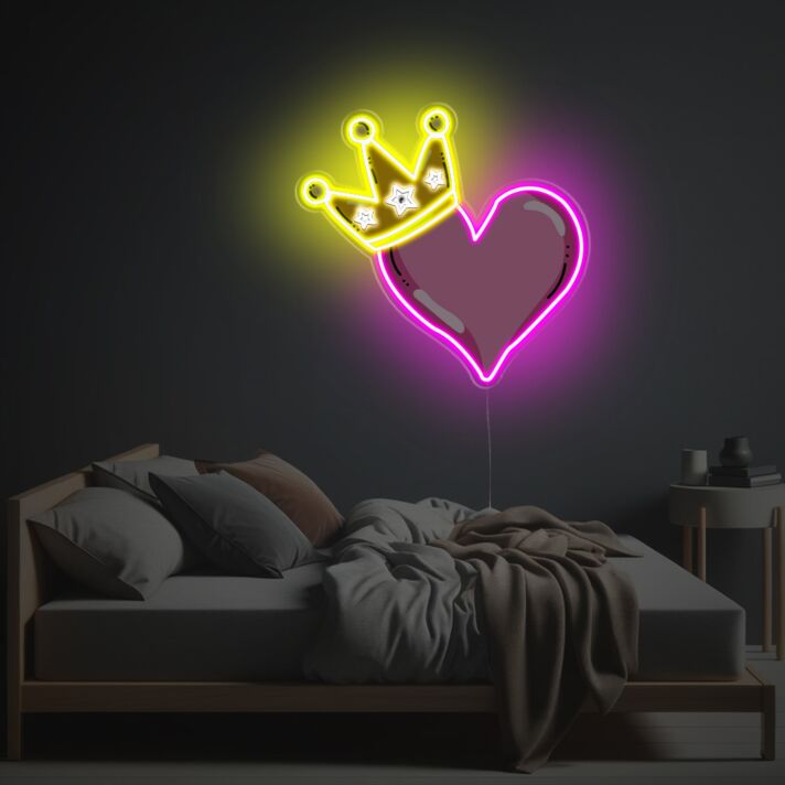 Verspieltes LED Neonschild mit Herz und Krone als auffällige Neon Wanddeko für Schlafzimmer Wohnzimmer oder kreative Innenräume