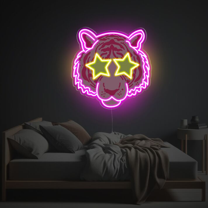 Auffälliges LED Neonschild mit Tigerkopf und Sternaugen als kreative Neon Wanddeko für Schlafzimmer Wohnzimmer oder Partyraum