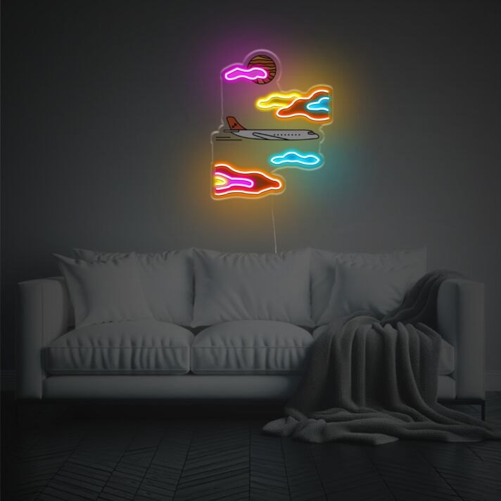 Elevate Your Space: Perfect for Office, Store, Bar, and Event Ambiance with Plane With Colorful Cloud LED Neon Acrylic Artwork.