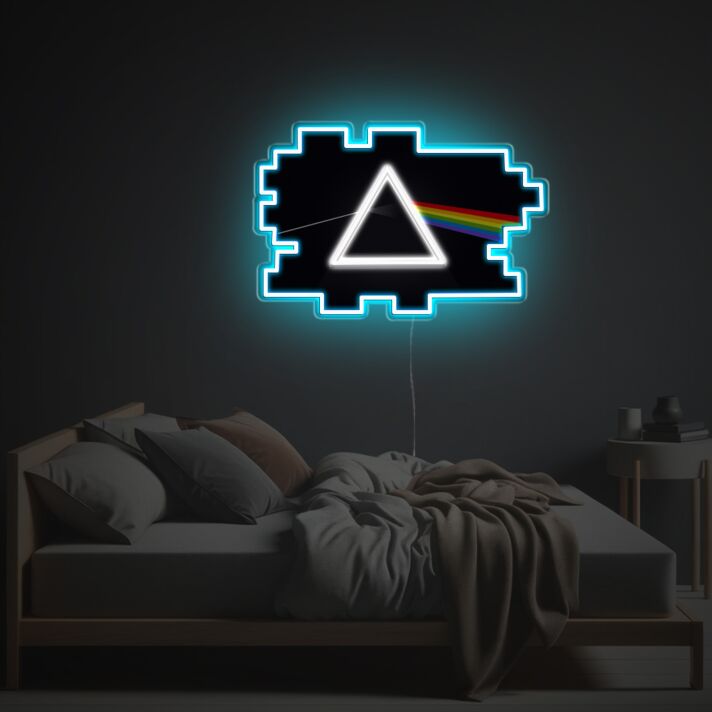 Modernes LED Neonschild mit geometrischem Prisma und Regenbogenstrahl als auffällige Neon Wanddeko für Schlafzimmer Wohnzimmer oder kreative Innenräume