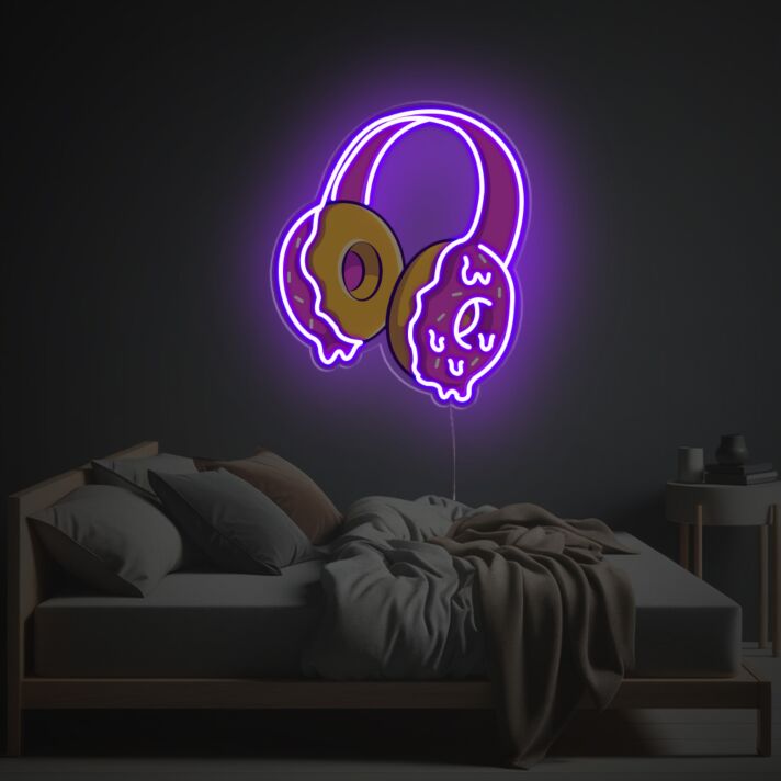 Verspieltes LED Neonschild mit Donut und Kopfhörer als auffällige Neon Wanddeko für Schlafzimmer Wohnzimmer oder kreative Innenräume