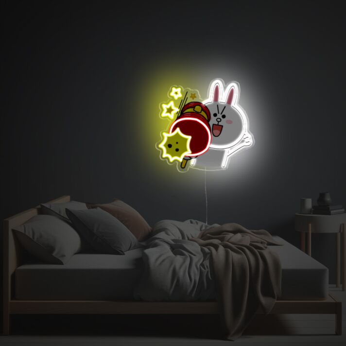 Verspieltes LED Neonschild mit süßem Hasen und Laternenmotiv als auffällige Neon Wanddeko für Schlafzimmer Wohnzimmer oder kreative Innenräume