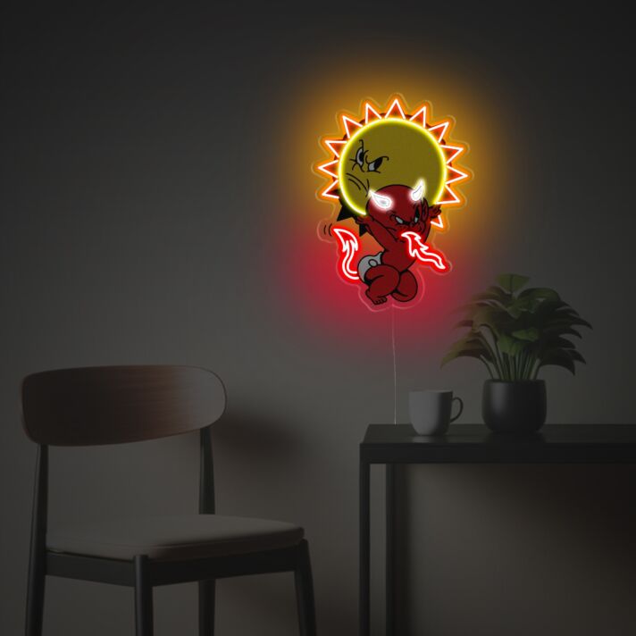 Verspieltes LED Neonschild mit frechem Dämon und Sonnenmotiv als auffällige Neon Wanddeko für Schlafzimmer Wohnzimmer oder kreative Innenräume