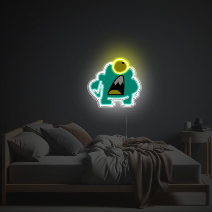 Brighten Up Your Home, Office, or Bar: Shocked Little Green One-Eyed Monster LED Neon Acrylic Artwork Ideal for Unique Decor and Memorable Events