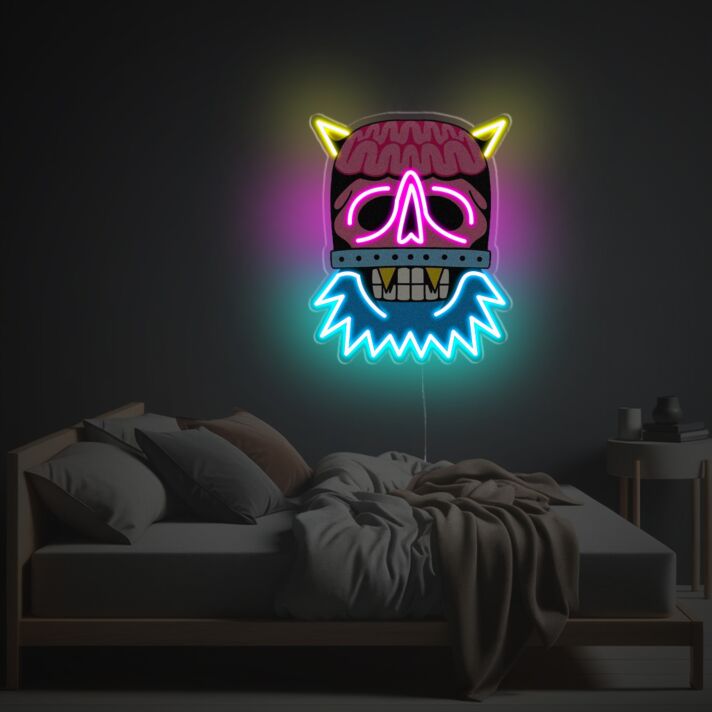 Totenkopf mit Hörnern und Bart LED-Neonschild Schlafzimmer Wohnzimmer