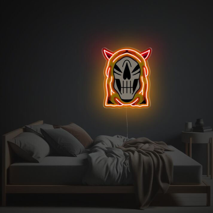 Abstraktes LED Neonschild mit Schädel im Kapuzen Design
