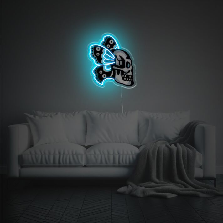Abstraktes LED Neonschild mit Schädel und Schmetterlingsflügeln