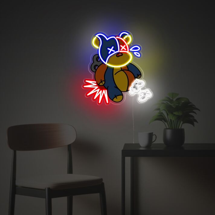 Verspieltes Cartoon Bären LED Neonschild mit buntem Gesicht und humorvollen Details als kreative Neon Wanddekoration für Wohnzimmer Jugendzimmer und moderne Räume