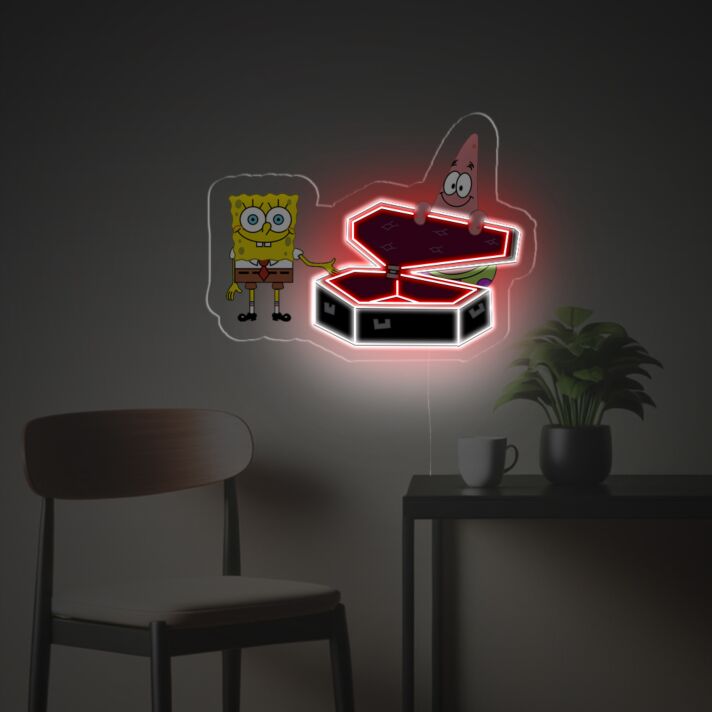 Kreatives Cartoon LED Neonschild mit leuchtender Überraschungsbox und verspielten Figuren als moderne Neon Wanddekoration für Wohnzimmer Jugendzimmer und kreative Innenräume