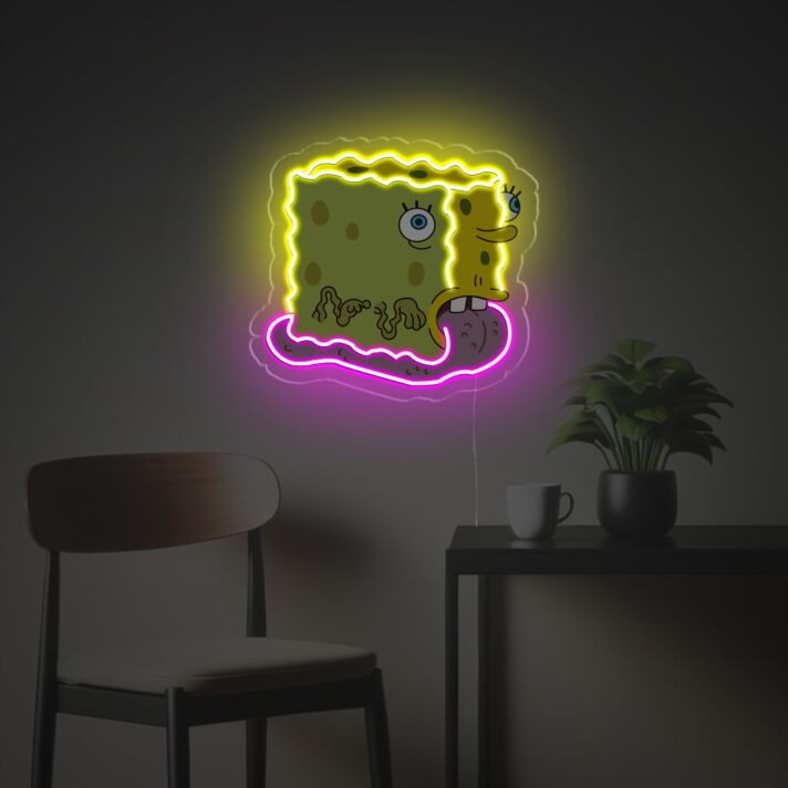 Cartoon LED Neonschild mit verzerrtem Figurenmotiv und leuchtender Neon Kontur als kreative Wanddekoration für moderne Wohnräume Studios oder kreative Umgebungen