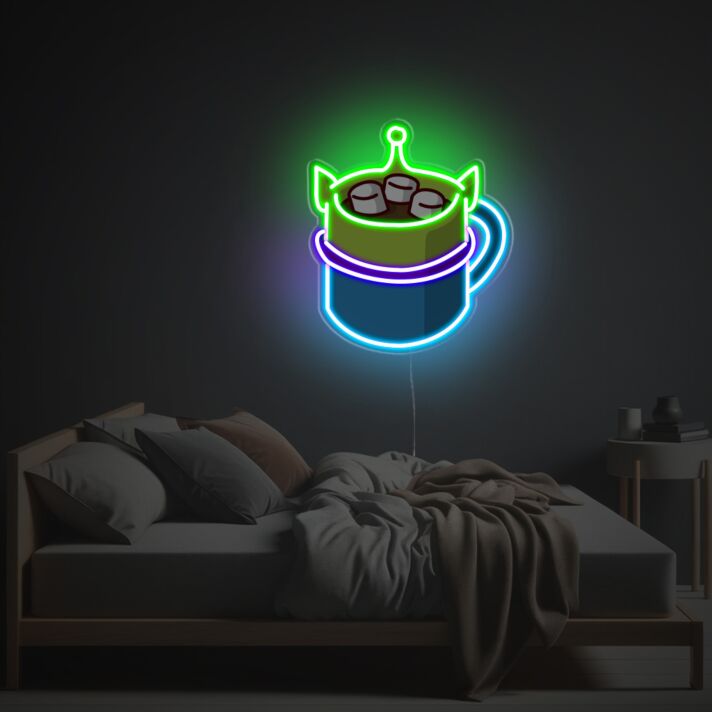 Verspieltes Cartoon LED Neonschild mit niedlichem Alien Becher Motiv und leuchtendem Neon Licht als kreative Wanddekoration für moderne Wohnräume Cafés oder Jugendzimmer