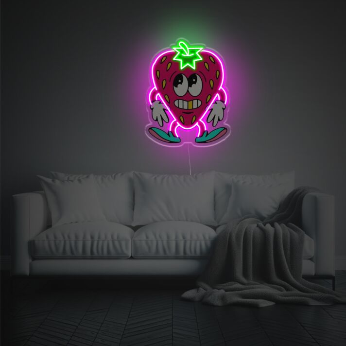 Niedliches Erdbeer Cartoon LED Neonschild mit fröhlichem Gesicht und buntem Neon Licht als moderne Wanddekoration für Wohnzimmer Schlafzimmer Kinderzimmer oder kreative Wohnräume