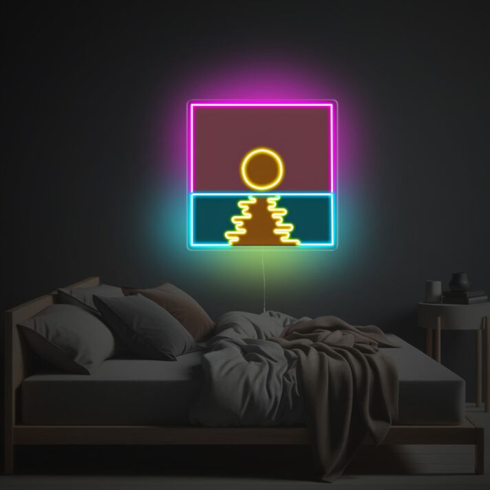 Abstraktes LED Neonschild mit geometrischem Sonnenmotiv und ruhiger Farbharmonie als moderne Wandbeleuchtung für Wohnzimmer Schlafzimmer oder minimalistische Wohnräume