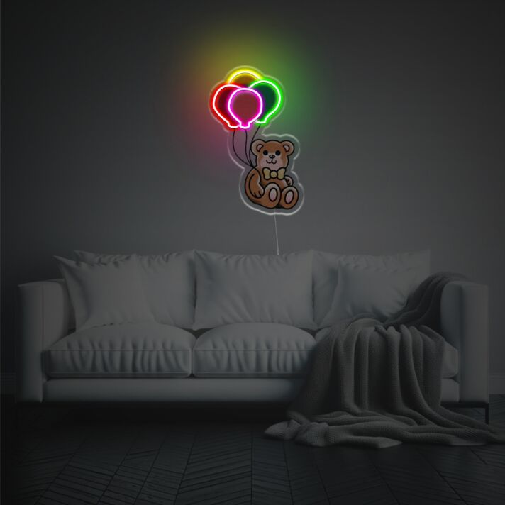 Niedliches LED Neonschild mit Teddybär und bunten Luftballons als liebevolle Wanddekoration für Kinderzimmer und Familienräume