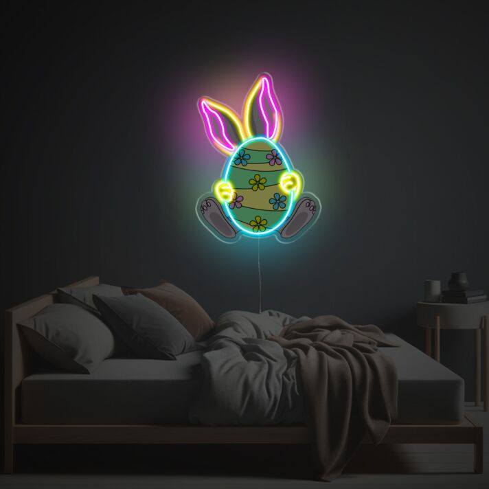 Niedliches LED Neonschild mit Osterhase und verziertem Osterei als fröhliche Wanddekoration für Kinderzimmer Schlafzimmer und Osterdekoration