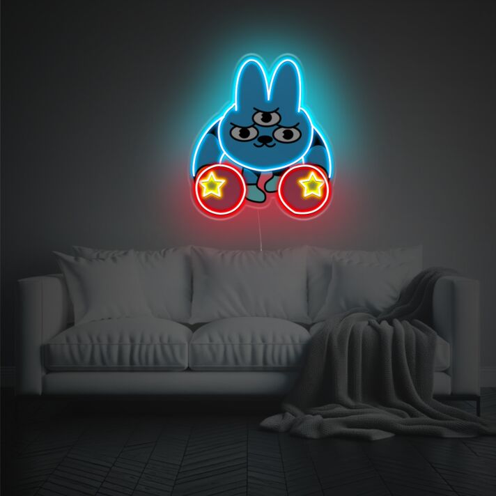 Niedliches LED Neonschild mit blauem Cartoon Hasenmotiv und leuchtenden Sternelementen als moderne Wanddekoration für Wohnräume