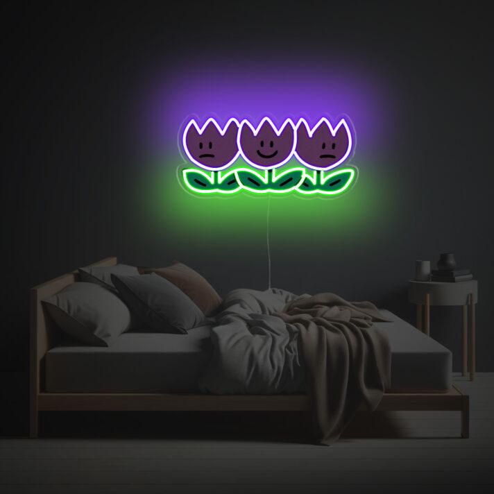Dekoratives LED-Neonschild mit UV-Druck mit drei stilisierten Blumen Motiven im modernen Cartoon Stil als farbenfrohe Wandbeleuchtung für Schlafzimmer Wohnzimmer oder kreative Räume