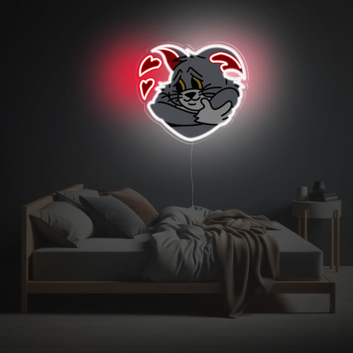 Romantisches LED Neonschild mit verliebtem Katzenmotiv und Herzsymbolen als stimmungsvolle Wandbeleuchtung für Schlafzimmer oder Wohnräume