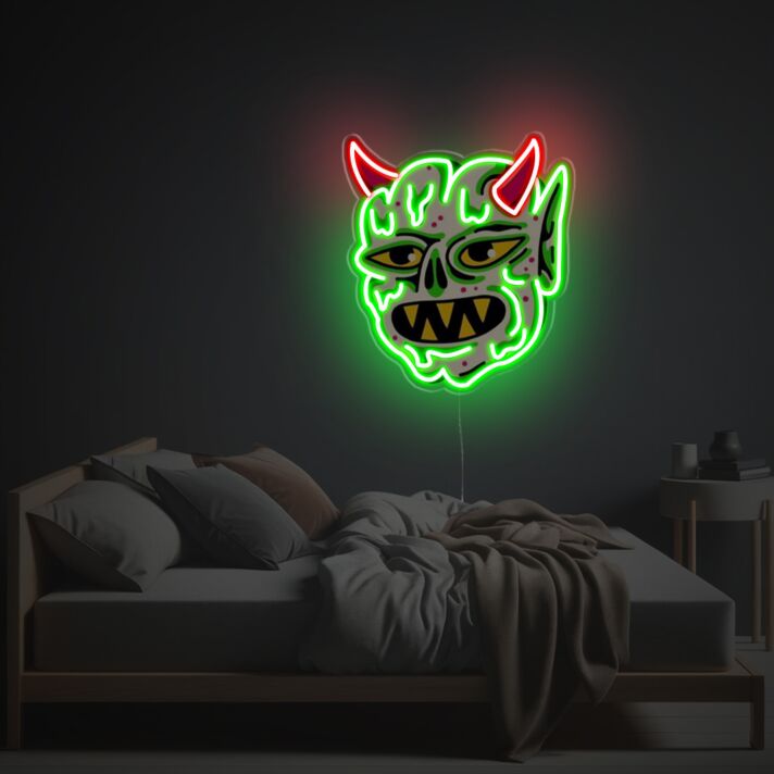 Abstraktes LED Neonschild mit fantasievoller Maskenform und leuchtendem Neon Effekt für moderne Wanddekoration