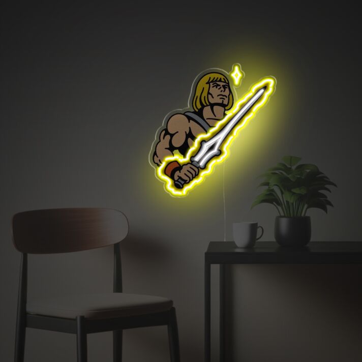 LED Neonschild mit muskulärer Fantasy Figur und Schwertmotiv