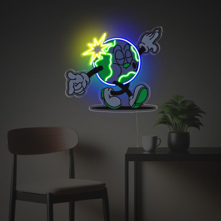 Illustratives LED Neonschild mit cartoonhaftem Globus Motiv als moderne Wanddekoration