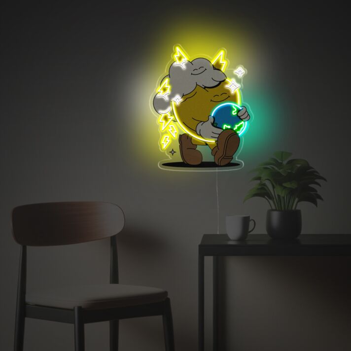 Brighten Your Space: Yellow Heart Holding The Earth LED Neon Acrylic Artwork for Home Decor, Office Ambiance, and Storefront Appeal