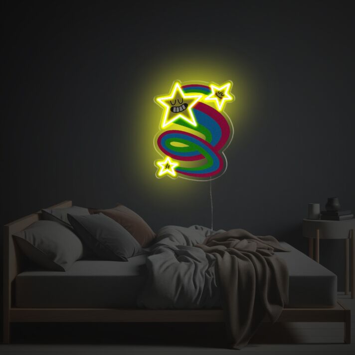Brighten Up Your Bar, Wedding, or Office Ambiance with Yellow Star With Rainbow Trace LED Neon Acrylic Artwork.