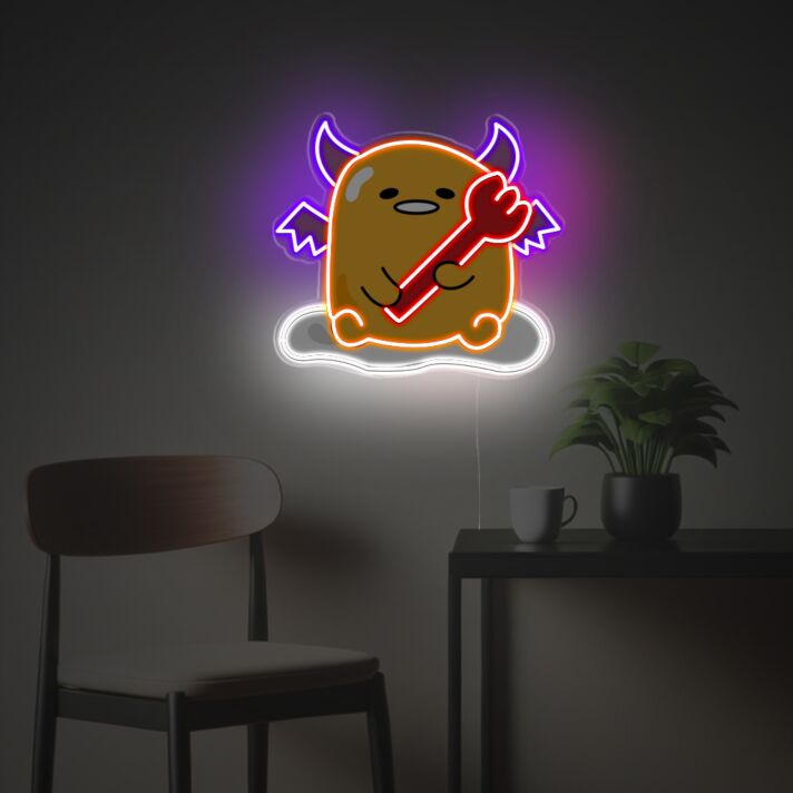 Niedliche Cartoon LED Neon Wanddeko mit kleiner Teufelsfigur und Herzmotiv